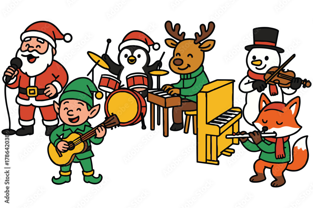 Fototapeta premium Charming christmas characters forming a festive musical band playing instruments together