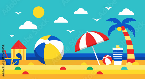 Vibrant Summer Beach Scene with Beach Ball, Umbrella, and Palm Tree Under a Sunny Sky