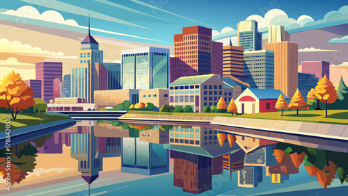 Very beautiful cityscape of Rochester, Minnesota, USA along the Zumbro River, featuring modern buildings, calm reflective water, soft natural light, and a realistic peaceful urban landscape.