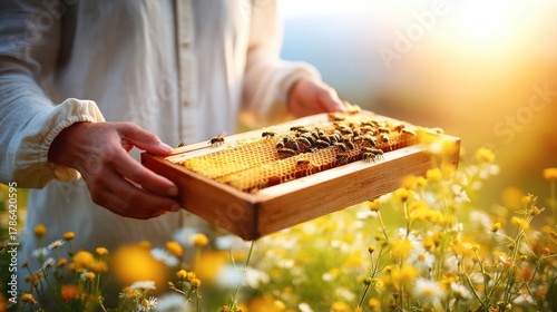 A beekeeper inspects a honeycomb frame in a sunny field of wildflowers.