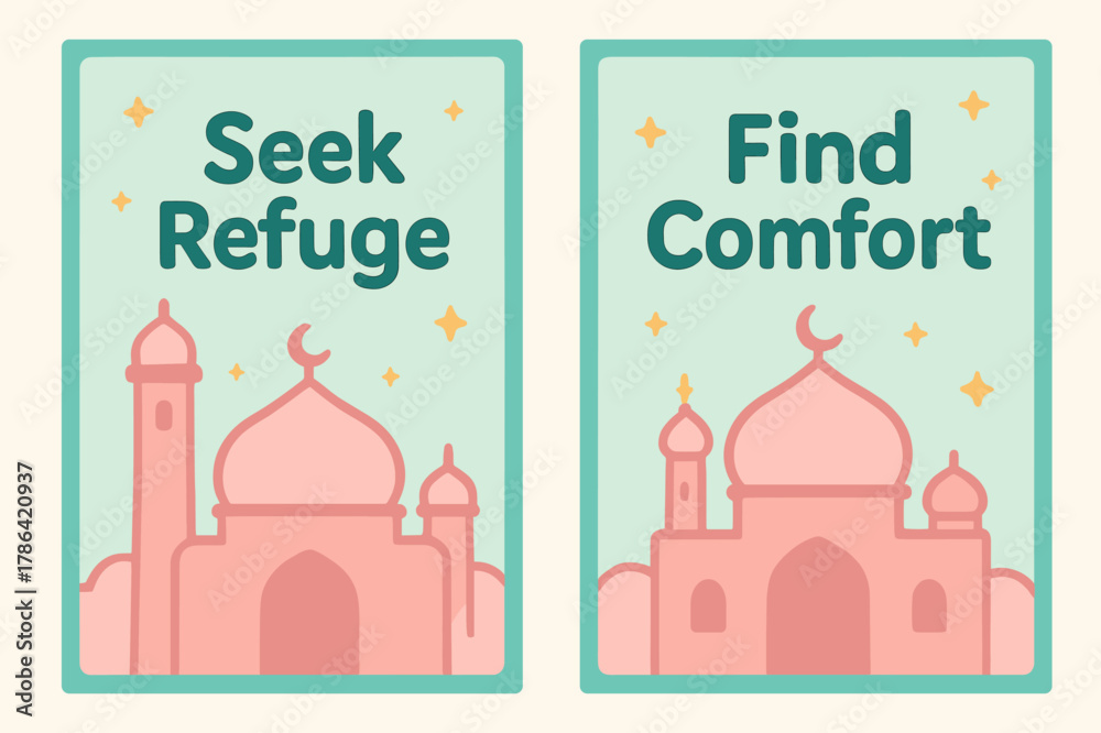 Fototapeta premium Seek Refuge, Find Comfort. Refuge in Him. Two vertical A6 banners with safe margins, centered composition, no elements touching edges, cartoon, pastel mint and