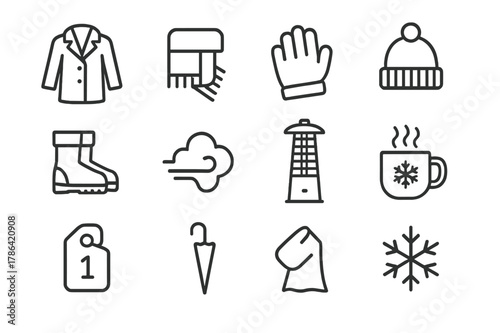 Winter Night Icon Set. Winter Night Out. Line icon set of Winter Night Out: coat, scarf, gloves, beanie hat, warm boots, hand warmer, breath cloud, patio