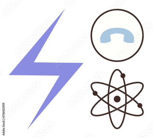 Lightning bolt, atom model, and telephone handset in minimalist style. Ideal for energy, technology, innovation, networking, science communication and progress concepts. Flat modern metaphor