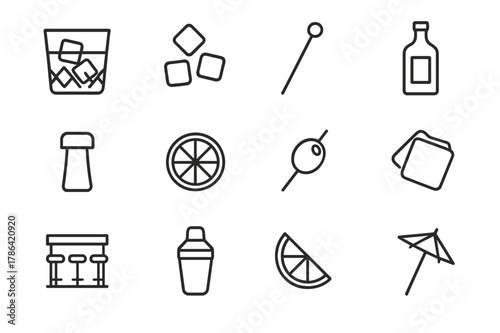 Crystal Glass Icons. Alcohol in crystal glass. Line icon set of alcohol in crystal glass: whiskey glass, ice cubes, cocktail stirrer, bottle, cork, lemon
