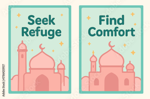 Seek Refuge, Find Comfort. Refuge in Him. Two vertical A6 banners with safe margins, centered composition, no elements touching edges, cartoon, pastel mint and