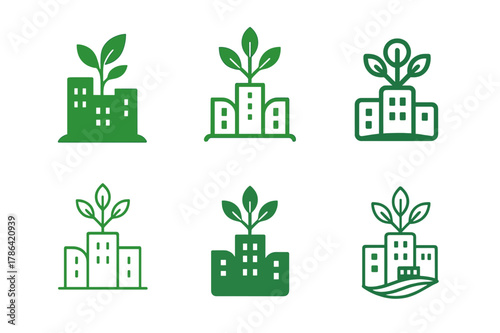 Urban Ecology Logos. Urban ecology. Set Logo of Urban ecology: rooftop garden skyline. harmonious logo variations of the same emblematic concept, each with