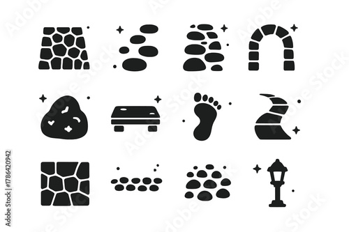 Stone Path Icons. Stone Path. Solid icons set of Stone Path: cobblestone path, stepping stones, garden trail, stone arch, mossy rock, bridge slab, footstep