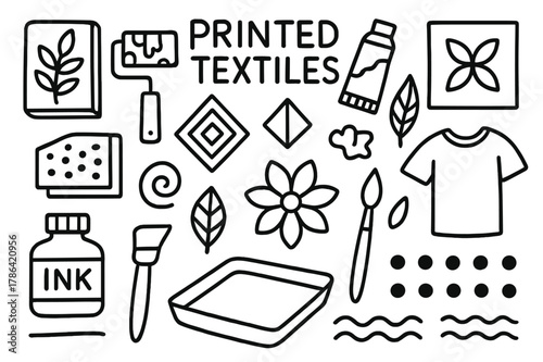 Textile Printing Icons. Printed textiles. Hand-drawn doodle illustration printed textiles stamp, roller, paint tube, pattern stencil, leaf shape, flower,