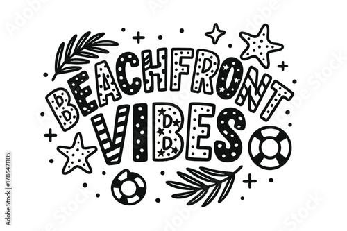 Beachfront Playful Decor. Beachfront Vibes ? playful decorative display lettering; patterned letters (dots/stripes/stars), gently arched word-shape; framed