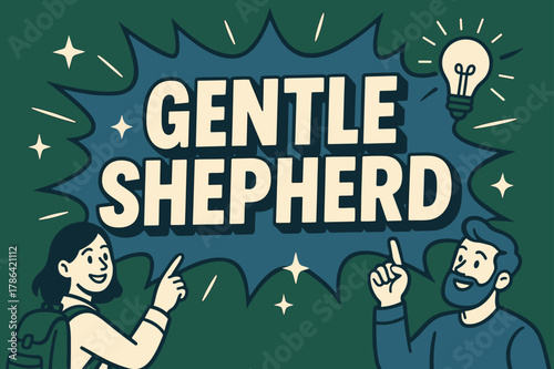 Gentle Shepherd Banner. Gentle Shepherd banner, flat vector illustration, bold oversized text inside comic burst banner, cartoon characters standing and