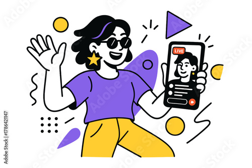 Influencer's Dynamic Stream. Celebrity Influencer. Influencer holding a phone with live streaming interface and floating abstract geometric shapes, energetic