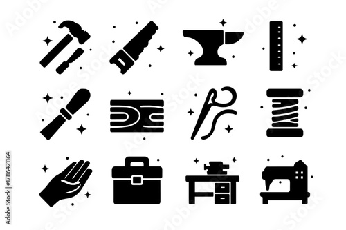 Precision Work Icons. Precision Work. Solid icons set of Precision Work: hammer, chisel, saw, anvil, ruler, paintbrush, wood plank, sewing needle, thread