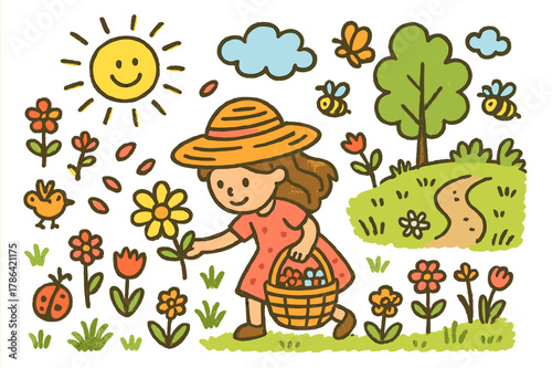 Flower Picking Fun. flower picking. Colorful Hand-drawn doodle Children illustration flower picking girl, basket, flowers, grass, sun, butterfly, tree, bees,