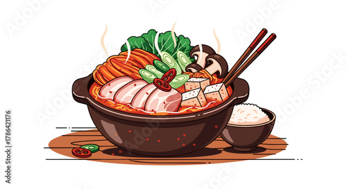 Kimchi stew in bowl, spicy and flavorful, vector illustration of traditional Korean cuisine concept on white background, with copy space