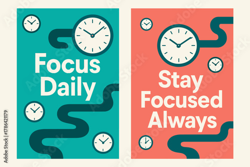 Focus Banners Design. Focus daily. Two vertical A6 banners with safe margins, centered composition, no elements touching edges, modern, turquoise and coral,
