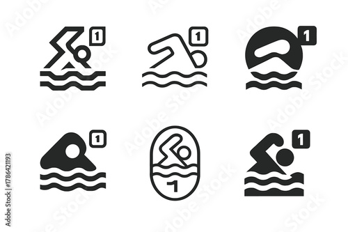 Swim Logo Variations. Swim tracking. Set Logo of Swim tracking: swimmer lane icon with lap counter. harmonious logo variations of the same emblematic concept,