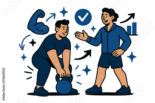 Dynamic Fitness Coaching. Fitness training and personal coaching. Client lifting kettlebells with personal trainer coaching nearby; abstract floating icons,