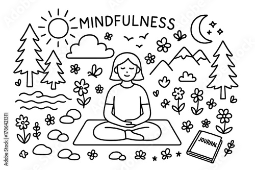 Mindfulness Doodle Scene. Mindfulness. Hand-drawn doodle illustration Mindfulness person sitting quietly, yoga mat, forest, river, mountains, clouds, sun,