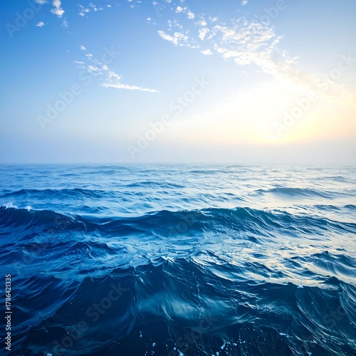 Vast ocean scene with sunlit sky, calm waves, and a misty horizon