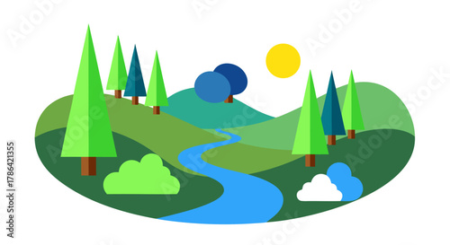 Serene Nature Landscape with Rolling Hills, a Winding River, Evergreen Trees, and a Bright Sun in a Flat Design Style