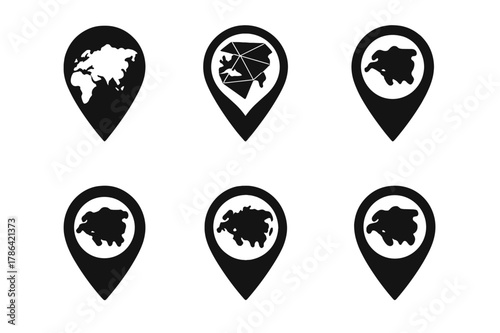 Eurasia Map Pin Icons. Eurasia. Set Logo of Map Pin Icon: Filled silhouette, Abstract geometric, Negative space, Flat solid, Stylized detail, Iconic shape.