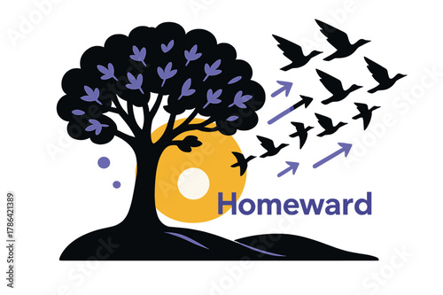 Silhouette Birds Homeward. Tree & birds silhouette. A lone oak frames the disc of the sun while a flock bursts into V-shaped arrows; ?Homeward? glows near the