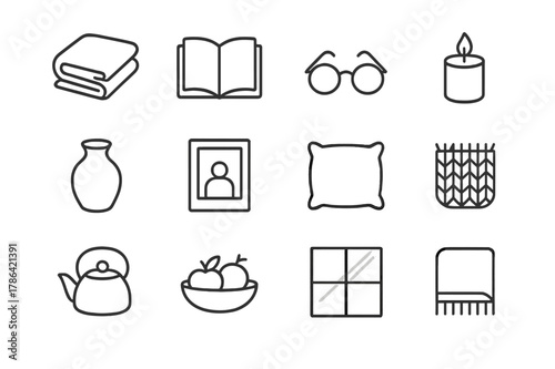 Cozy Home Icons. At Home Details. Line icon set of At Home Details: soft blanket, book, glasses, candle, ceramic vase, framed photo, cushion, knit texture,