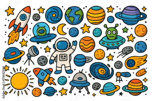 Colorful Space Doodles. Space, Colorful Hand-drawn doodle Children illustration Layered fashion planets, stars, moons, rockets, astronauts, aliens, spaceships,