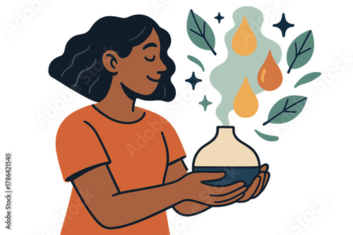 Aromatic Relaxation Scene. Aromatherapy oils. Person holding diffuser with abstract floating essential oil droplets, leaves, and sparkles; emphasizes calm,