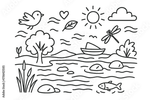 Serene River Doodle. River calmness. Hand-drawn doodle illustration river calmness flowing water, rocks, tree, leaf, fish, boat, reeds, dragonfly, bird,