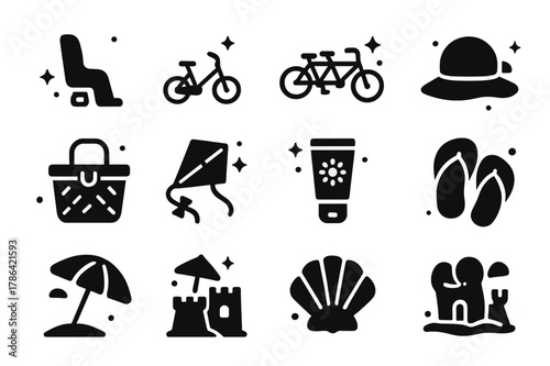 Coastal Family Cycling Icons. Family cycling on the coast. Solid icons set of Family cycling on the coast: child seat, kids bike, tandem bike, bell, picnic