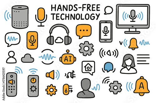 Smart Tech Doodle Icons. Hands-free technology. Hand-drawn doodle illustration smart speaker (colored), microphone (colored), headphones (colored), smartphone