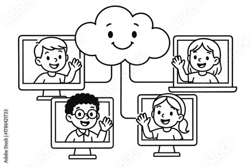 Virtual Classroom Coloring Fun. Virtual classroom children?s coloring book illustration, outlined drawing, students waving from different screens connected