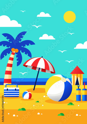 A Vibrant Beach Scene with a Palm Tree, Beach Ball, and Umbrella, Evoking Summer Fun and Relaxation Under a Sunny Sky