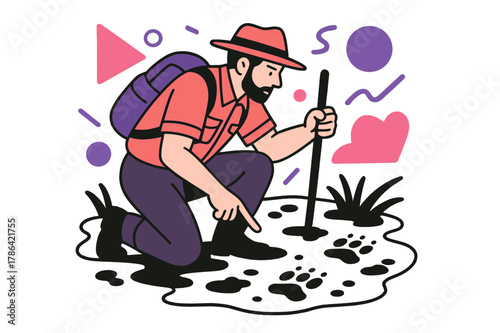 Geometric Wildlife Tracking. Wildlife Tracking. Ranger tracking footprints in muddy terrain with floating abstract geometric shapes, active and focused scene.