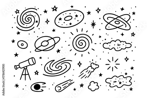Galactic Doodle Icons. Galaxies. Hand-drawn doodle illustration galaxies spiral galaxy, elliptical galaxy, barred galaxy, stars, orbits, telescope, cosmic