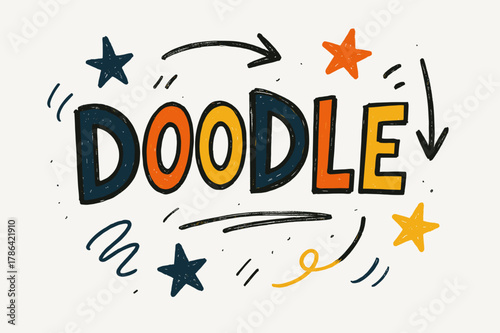 Playful Doodle Sketch. Doodle Sketch with playful hand-drawn letters, rough sketch outlines, arrows, stars, casual youthful layout, # #FF7B00 #FFD500 #.