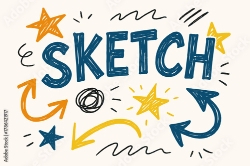 Playful Doodle Sketch. Doodle Sketch with playful hand-drawn letters, rough sketch outlines, arrows, stars, casual youthful layout, # #FF7B00 #FFD500 #.