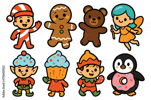Cute christmas characters collection featuring elves gingerbread man fairy penguin bear