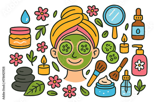 Spa Facial Essentials. facial treatment. Colorful Hand-drawn doodle Children illustration facial treatment face mask, cucumber slices, headband, towel, cream