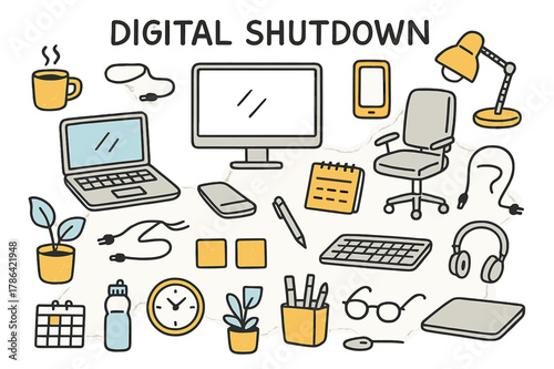 Digital Workspace Doodles. Digital shutdown. Hand-drawn doodle illustration laptop (colored), computer screen (colored), smartphone (colored), coffee cup