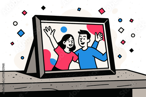 Dusty Geometric Memories. Dusty Photograph. Old photograph on a dusty shelf with floating abstract geometric dust particles, sentimental and reflective scene.