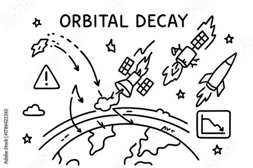 Orbital Decay Illustration. Orbital decay. Hand-drawn doodle illustration orbital decay Earth, debris trajectory, falling satellite, heat trail, broken rocket,