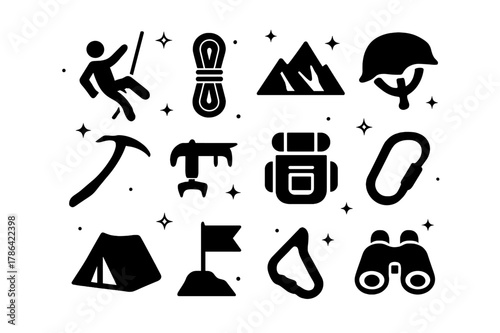 Extreme Climbing Icons. Extreme Climbing. Solid icons set of Extreme Climbing: climber, rope, mountain, helmet, ice axe, crampons, backpack, cliff, tent, flag,