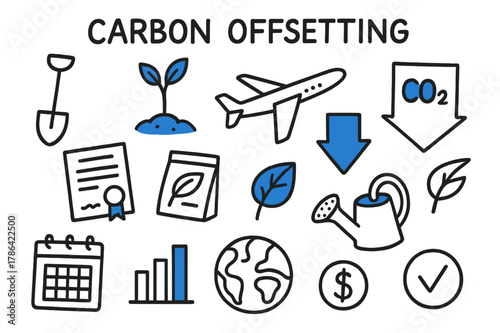 Carbon Offsetting Doodle Icons. // Carbon offsetting. Hand-drawn doodle illustration Carbon offsetting [tree sapling (accented), shovel, airplane, CO2 arrow