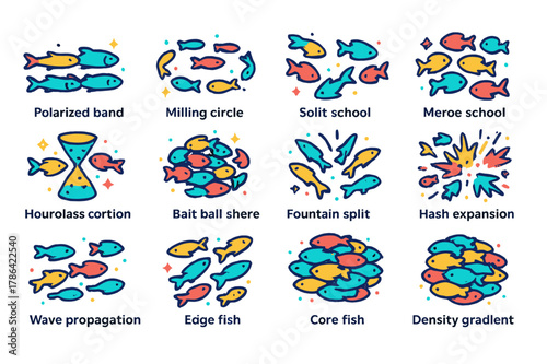 Colorful Schooling Icon Set. Schooling formations. Colorful isometric vector icons set of Schooling formations: polarized band, milling circle, split school,