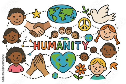 Colorful Humanity Doodle. Humanity. Colorful Hand-drawn doodle Children illustration Humanity people of all colors, handshake, heart globe, smiling faces,