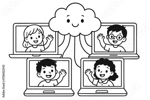Virtual Classroom Coloring Fun. Virtual classroom children?s coloring book illustration, outlined drawing, students waving from different screens connected