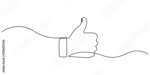 Continuous one line drawing of like hand showing thumb up. Vector illustration, One line drawing of hand showing great sign. Continuous line finger up. Hand-drawn vector illustration of linear like