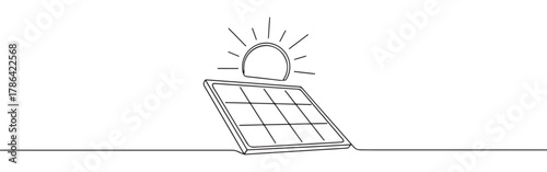 Continuous line drawing of a solar panel with sun rays, symbolizing renewable energy and environmental technology, isolated on a white background